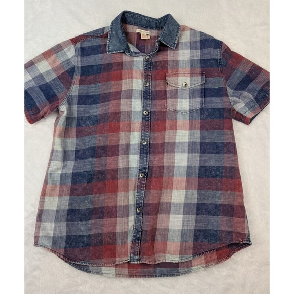 Other - Carbon 2 Cobalt Shirt Men's L Button Up Blue Red Plaid Short Sleeve Denim Collar